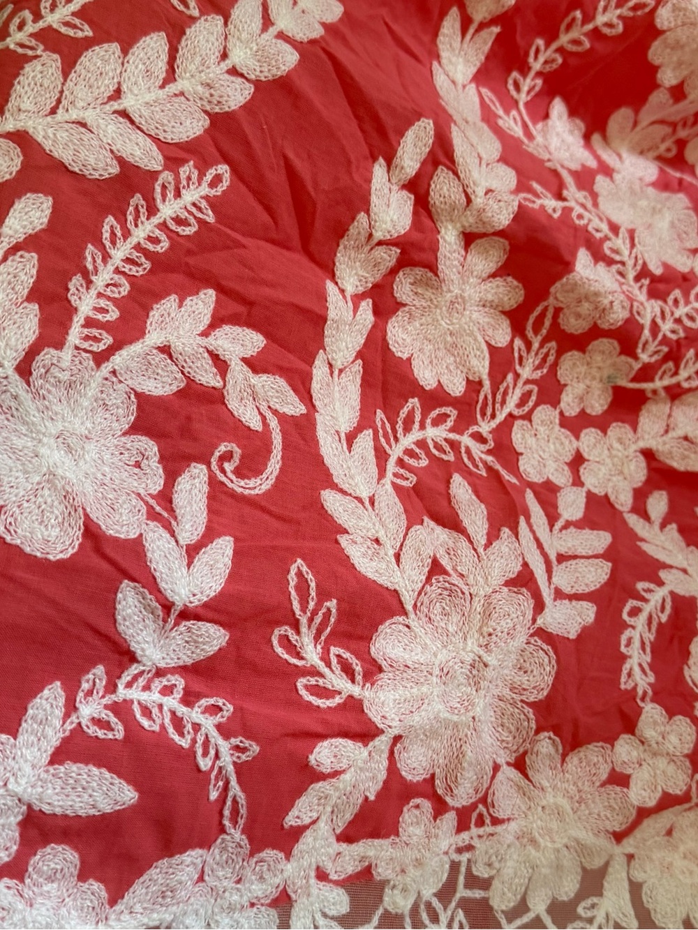Coral Floral Embroidered Cotton Fabric with White Lace Pattern
